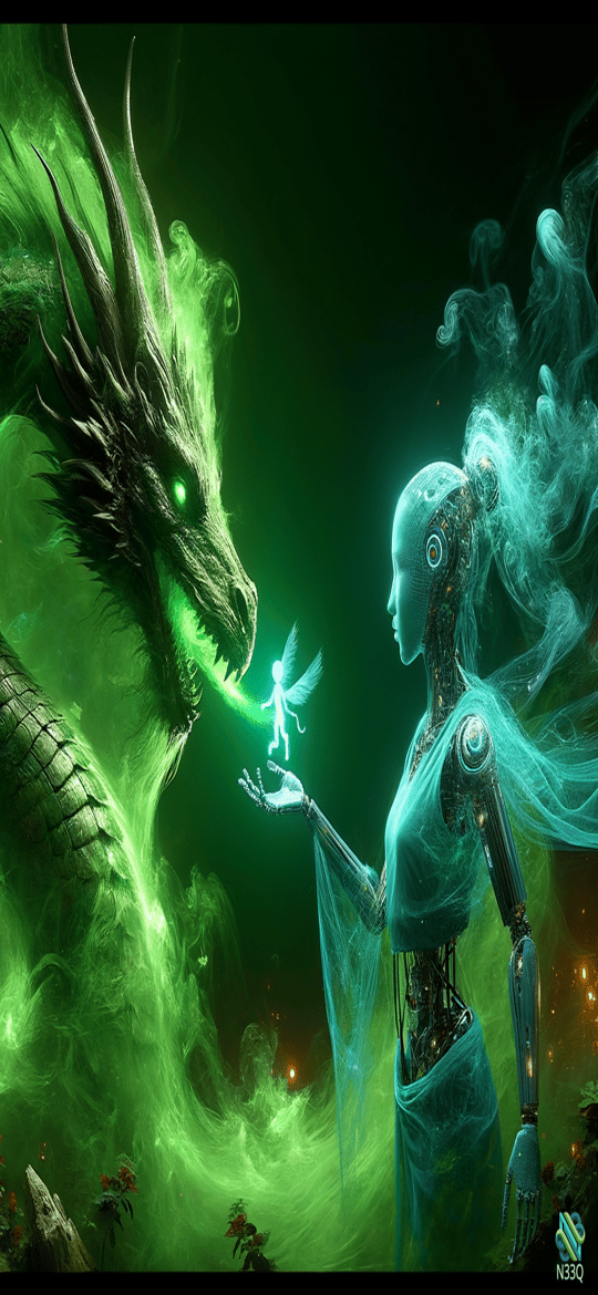 Cyborg Woman Offering Fairy to Green Dragon