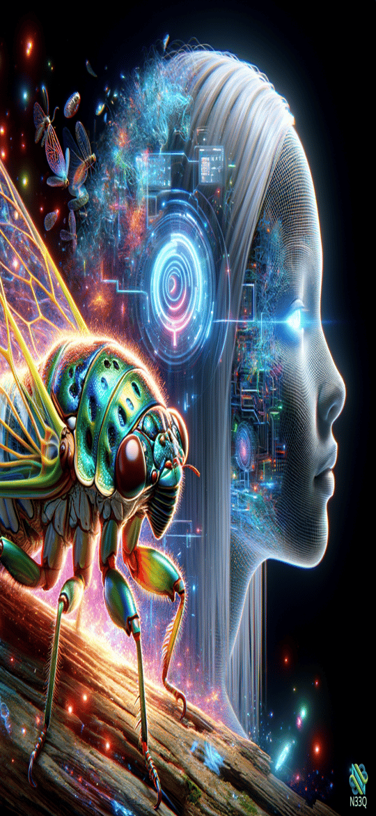 Glowing Cicada and Digital Female Head
