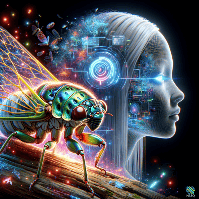 Glowing Cicada and Digital Female Head