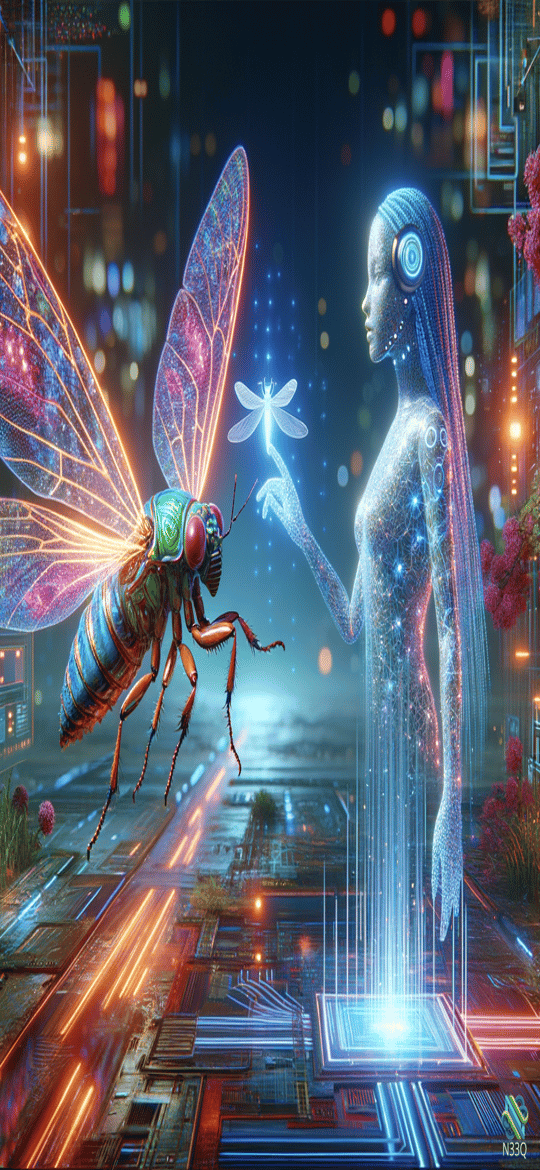 Cyborg Woman and Giant Glowing Insect