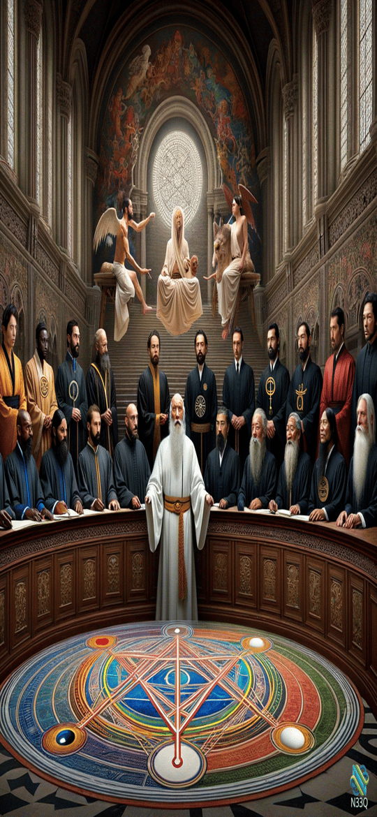 Elders Gathered Before Central Sage in Cathedral