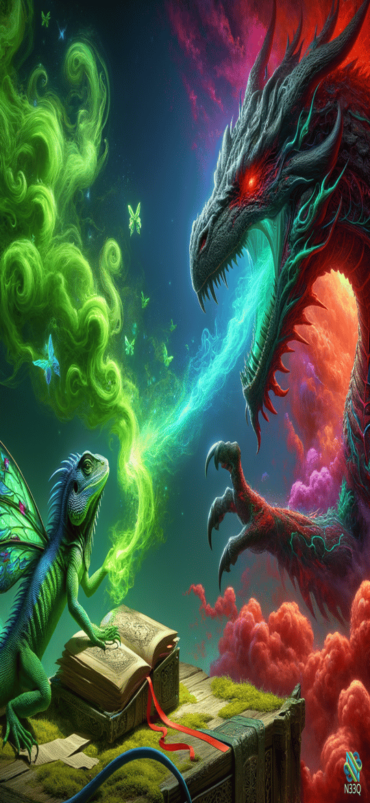 Fairy Lizard Battles Red Dragon Over Books