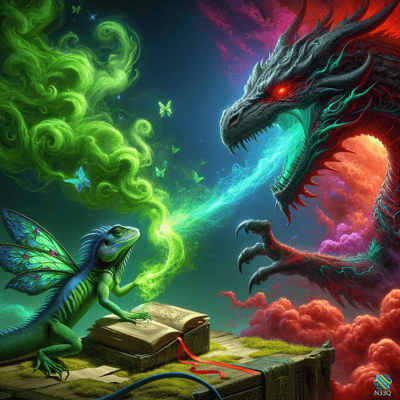 Fairy Lizard Battles Red Dragon Over Books