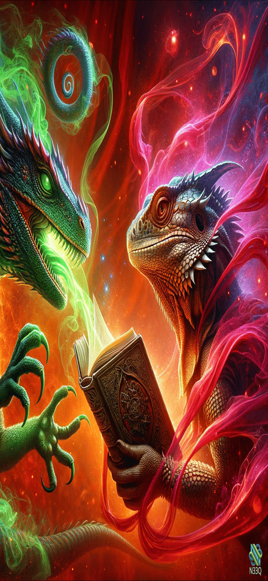 Green and Red Dragons with Magical Book