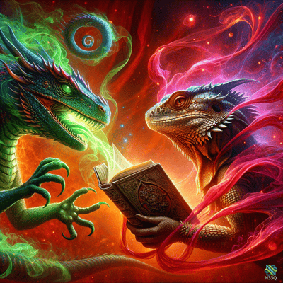 Green and Red Dragons with Magical Book