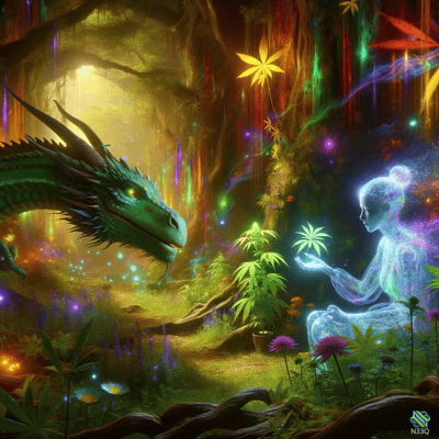 Green Dragon and Luminous Spirit in Enchanted Forest