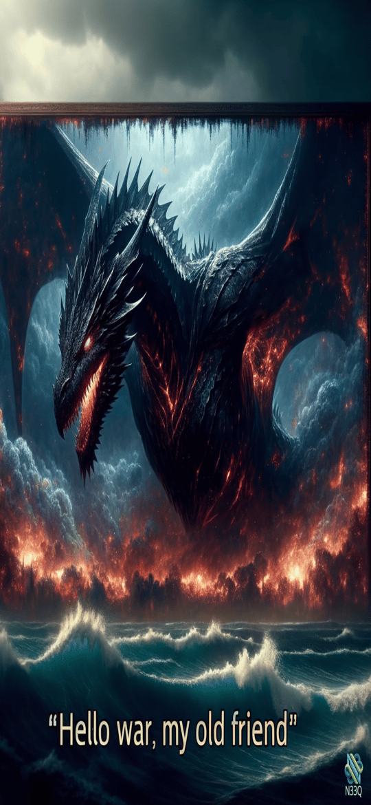 Black Dragon Over Fiery Stormy Seas
