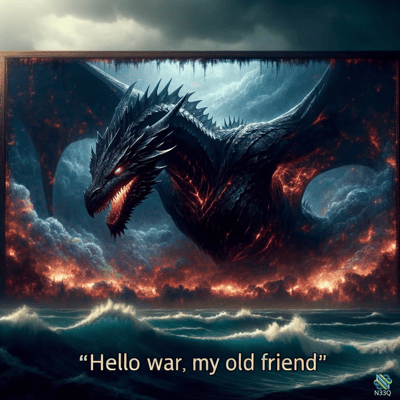 Black Dragon Over Fiery Stormy Seas