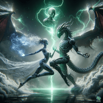 Cyborg Woman Dancing with Mechanical Dragon