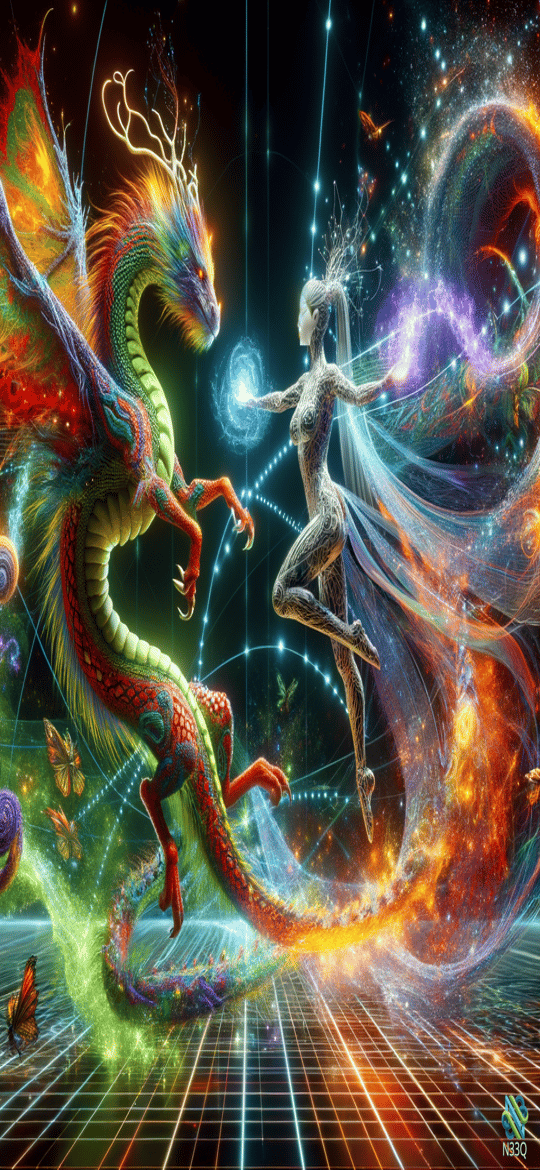 Dragon and Ethereal Woman in Cosmic Space