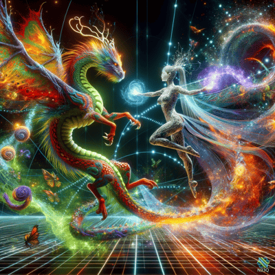 Dragon and Ethereal Woman in Cosmic Space