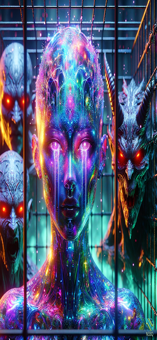 Neon Cyborg Woman Crying in Cage