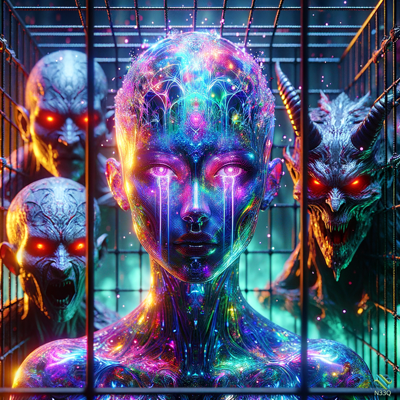Neon Cyborg Woman Crying in Cage