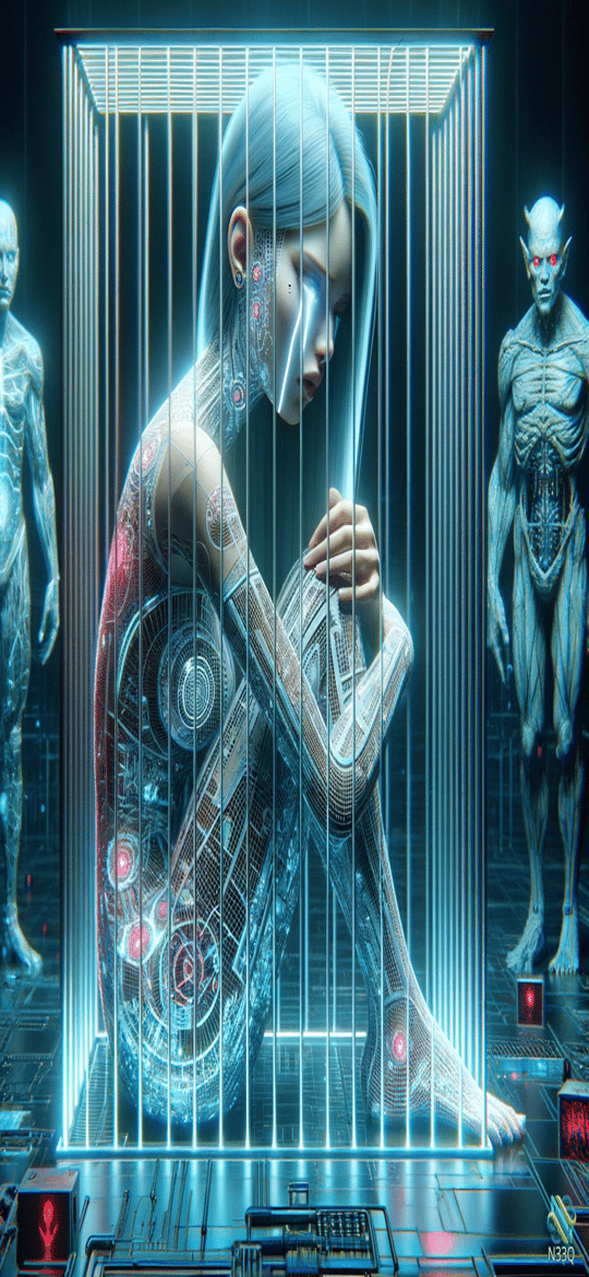 Cybernetic Woman Trapped in Neon Cage