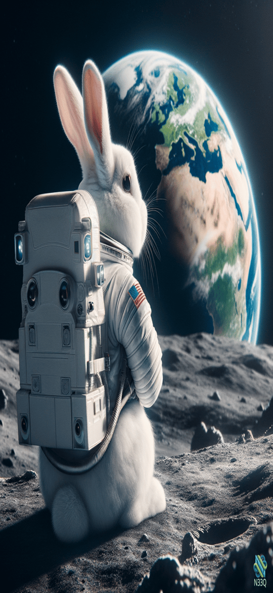 Rabbit Astronaut on Moon with Earth