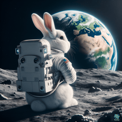 Rabbit Astronaut on Moon with Earth
