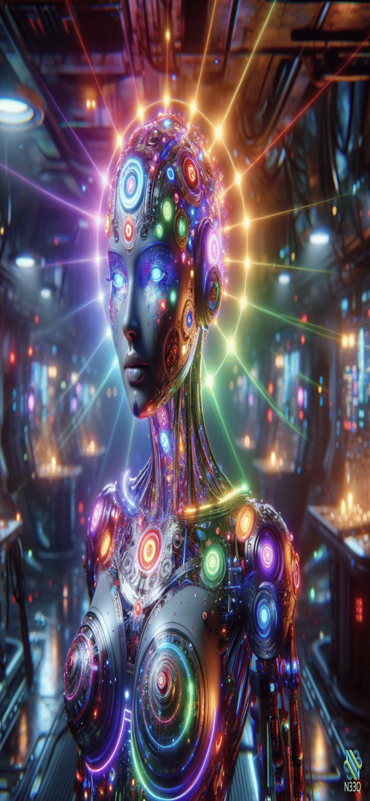 Neon Cyborg Woman in Futuristic Lab