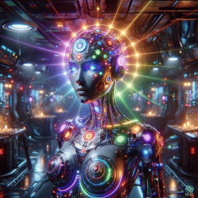 Neon Cyborg Woman in Futuristic Lab