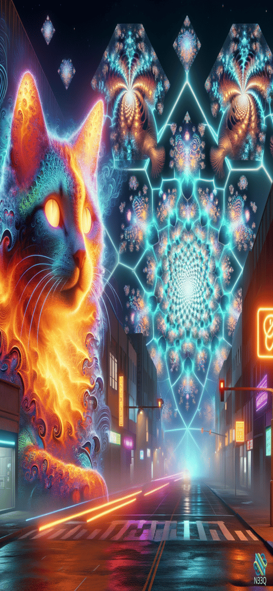 Psychedelic Cat Over Fractal Neon City Street
