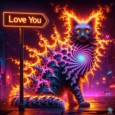 Fractal Cat with Love You Neon Sign