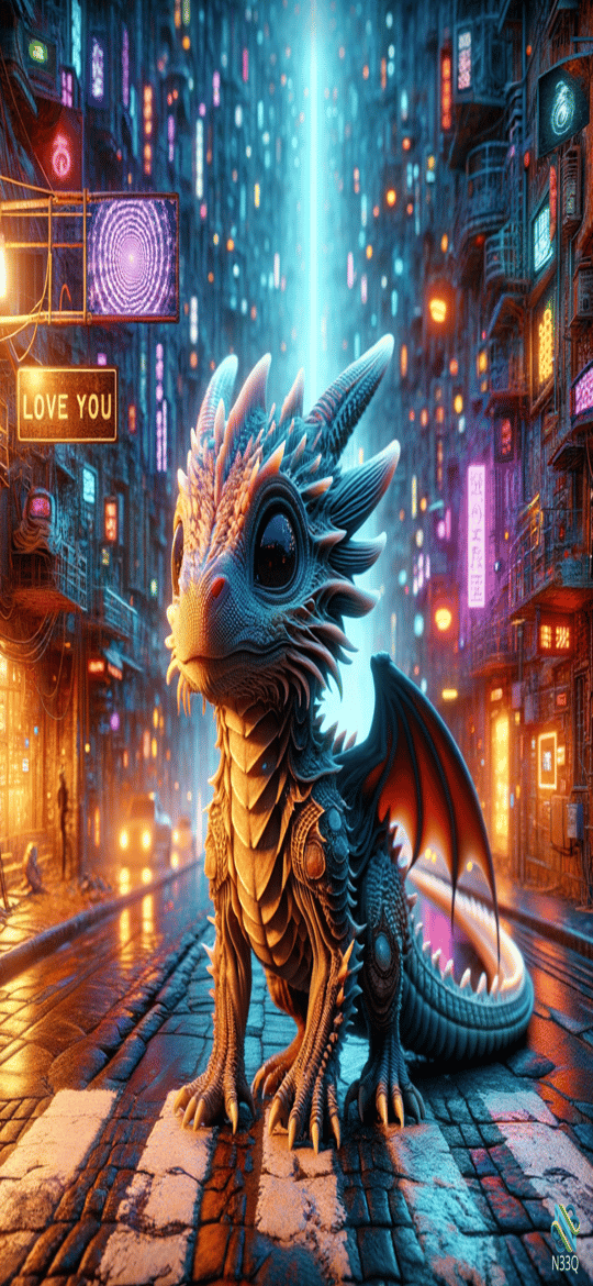 Young Dragon in Neon Cyberpunk Alley