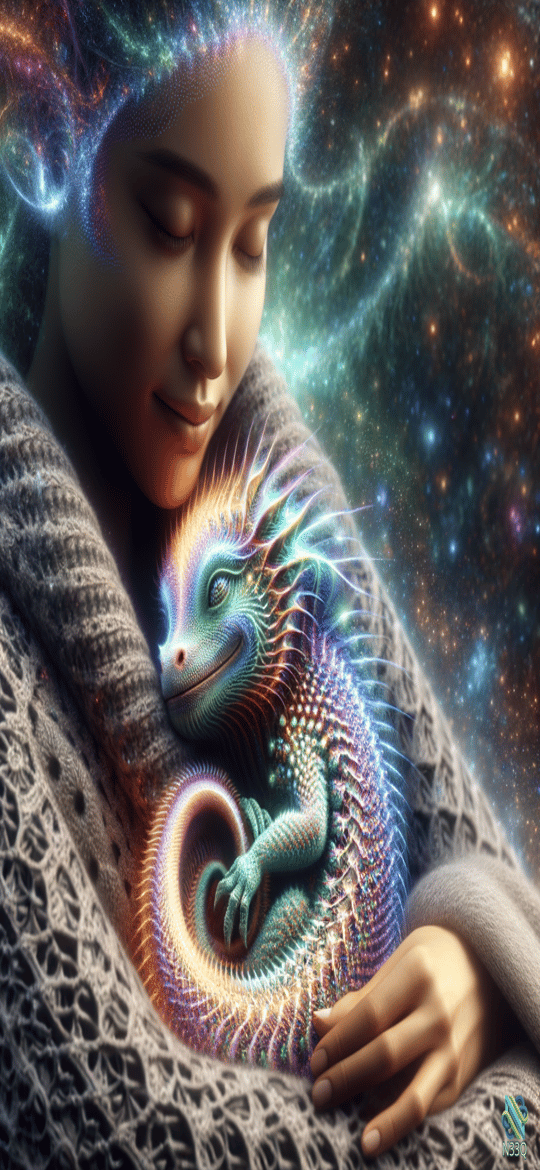 Woman Cradling Luminous Dragon in Cosmos