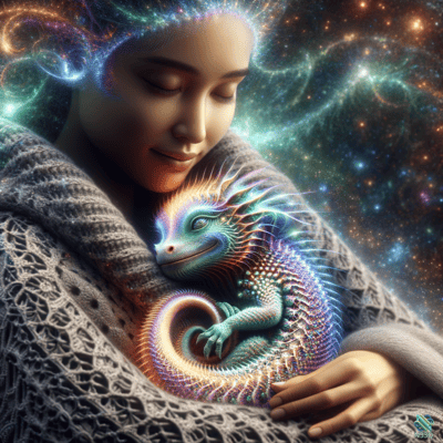 Woman Cradling Luminous Dragon in Cosmos