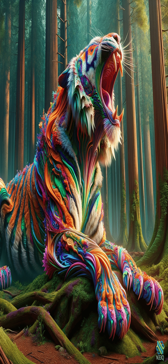 Psychedelic Rainbow Tiger Roaring in Forest