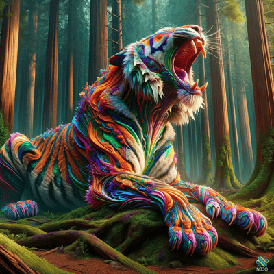 Psychedelic Rainbow Tiger Roaring in Forest