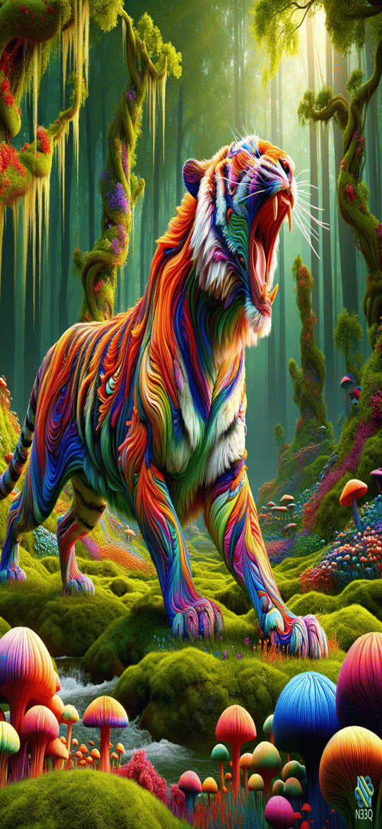 Rainbow Tiger Roaring in Enchanted Forest