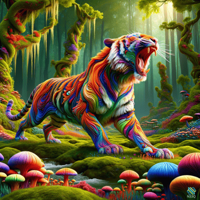 Rainbow Tiger Roaring in Enchanted Forest