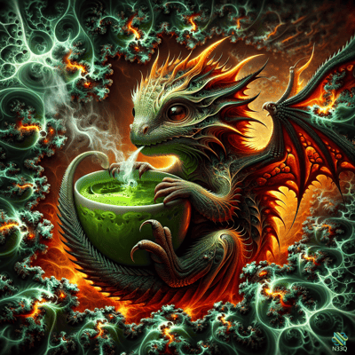 Green Dragon Sipping Steaming Potion Cup