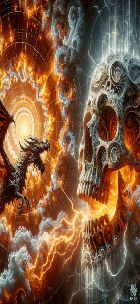 Dragon Confronting Ornate Skull in Fiery Vortex
