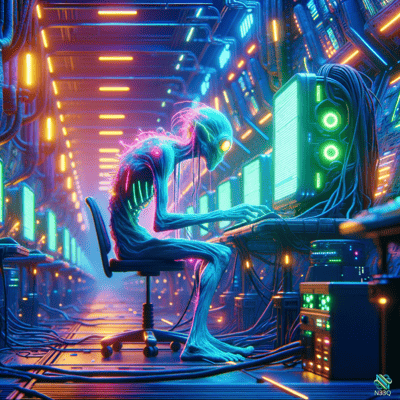 Glowing Alien Hacker in Neon Server Room
