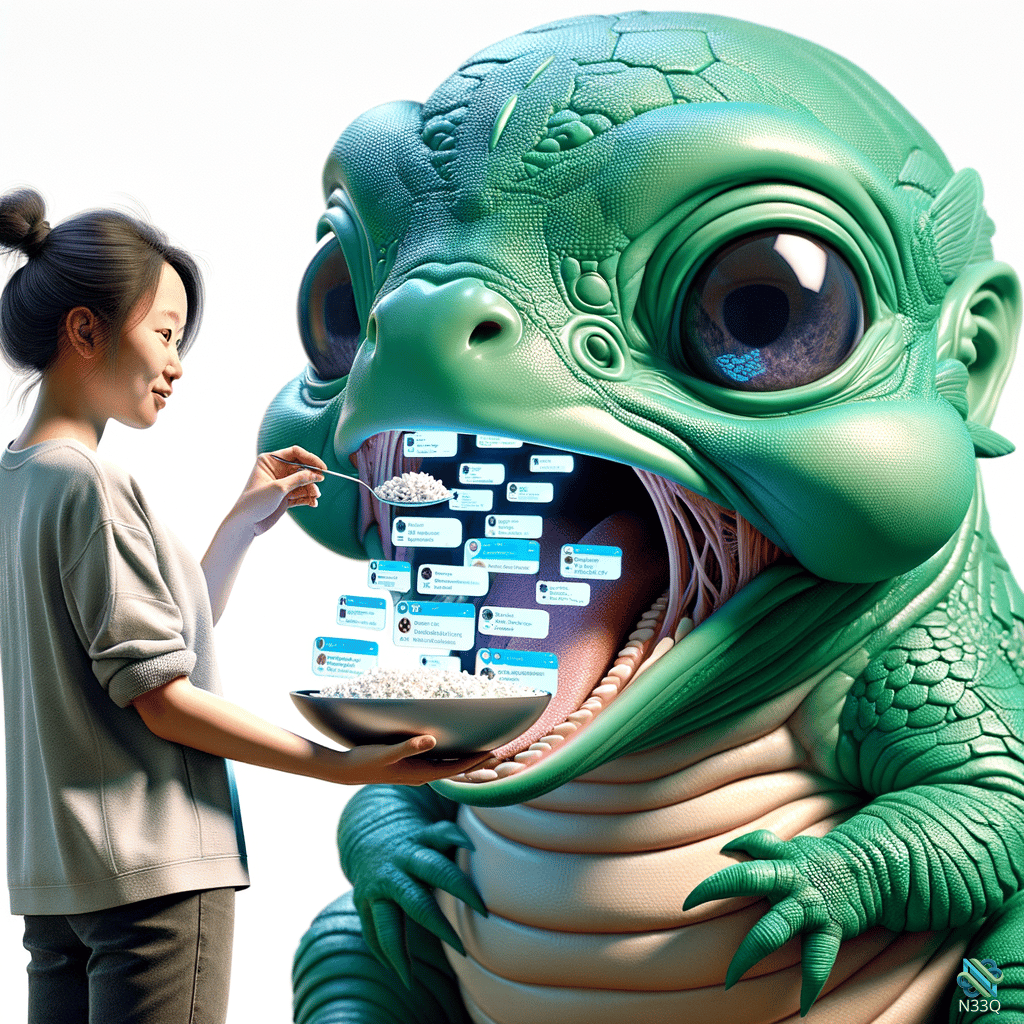 Woman Feeding Chat Bubbles to Giant Lizard