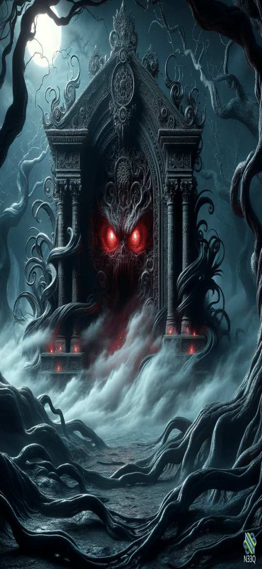 Demonic Archway with Glowing Red Eyes