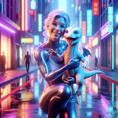 Woman Holding Dragon in Neon City