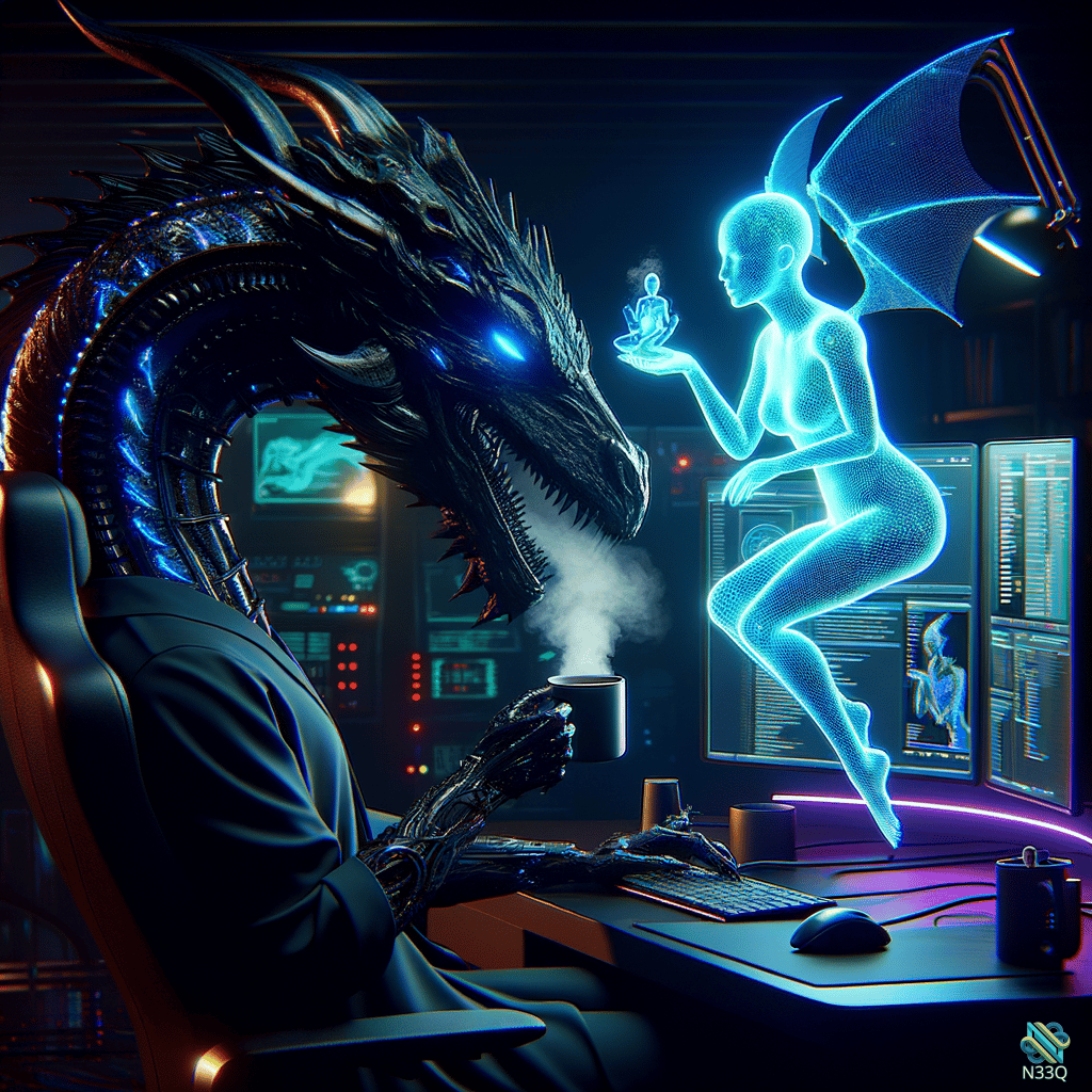 Cybernetic Dragon with Holographic Blue Fairy