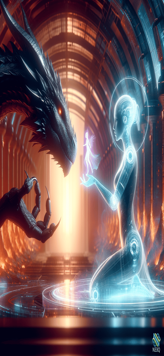 Black Dragon Confronts Kneeling Cyborg with Fairy