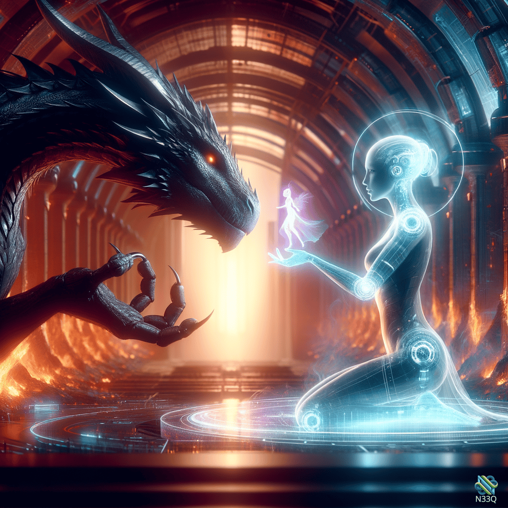 Black Dragon Confronts Kneeling Cyborg with Fairy