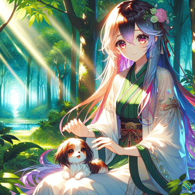Girl in Kimono with Dog in Forest