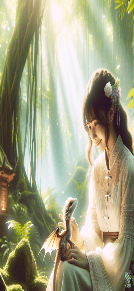Woman Holding Small Dragon in Sunlit Forest