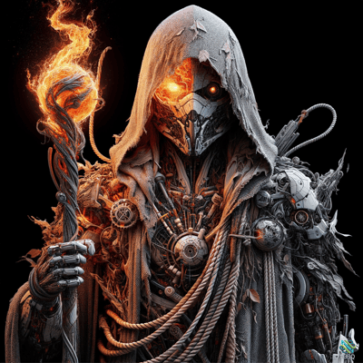 Hooded Cyborg Reaper with Flaming Staff
