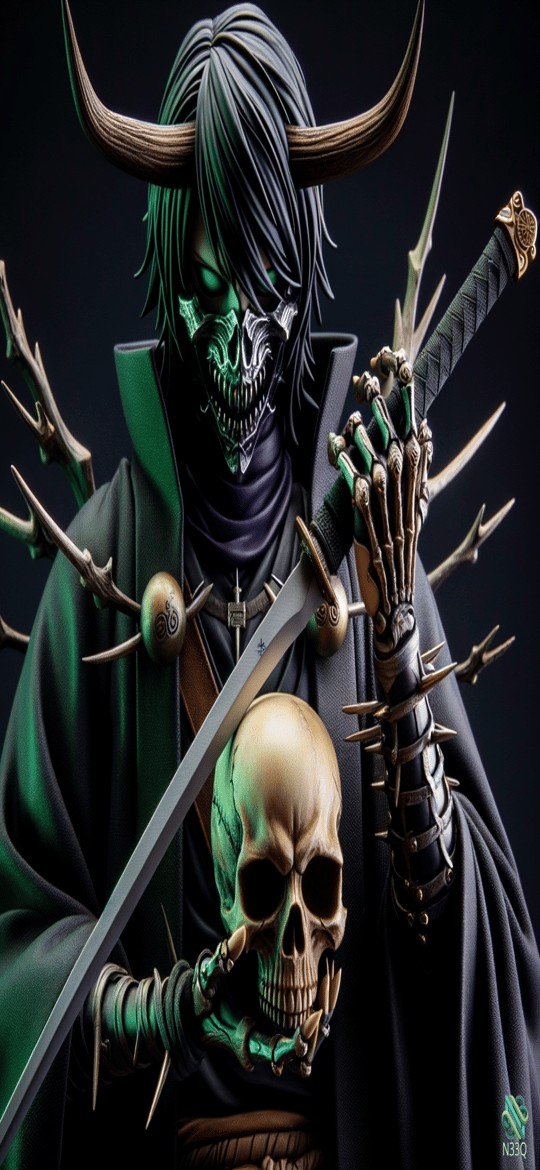Horned Skull-Faced Demon Grasping Sword and Skull