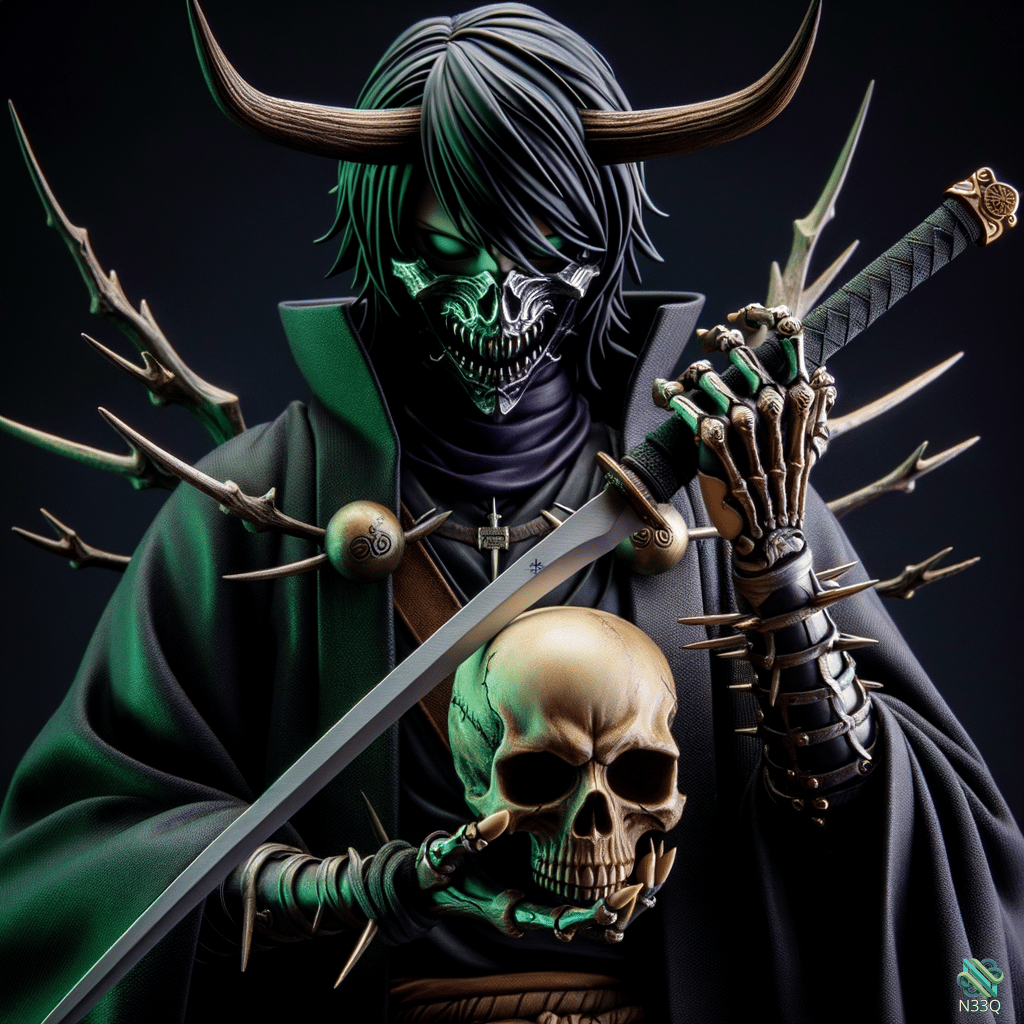 Horned Skull-Faced Demon Grasping Sword and Skull