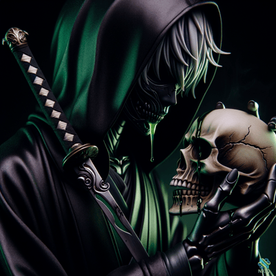 Hooded Skeletal Figure Holding Cracked Skull