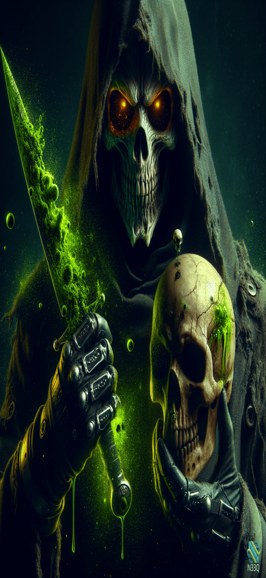 Hooded Skeleton Reaper with Glowing Dagger and Skull