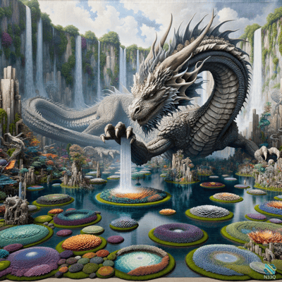 White Dragon Over Floating Islands and Waterfalls