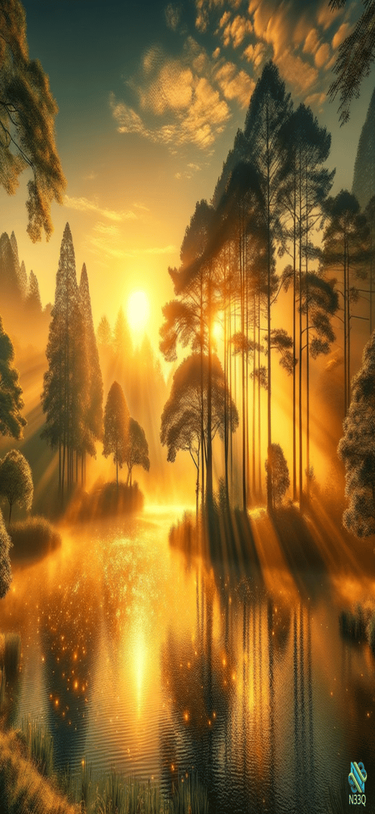 Golden Sunbeams Over Misty Forest Lake
