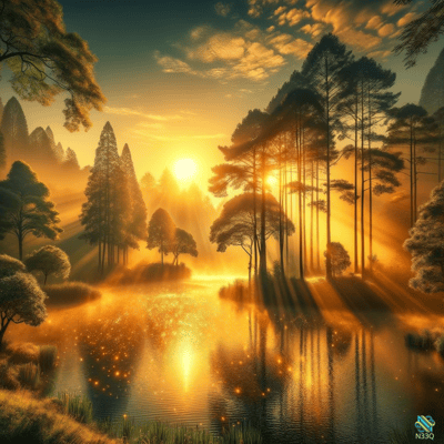 Golden Sunbeams Over Misty Forest Lake